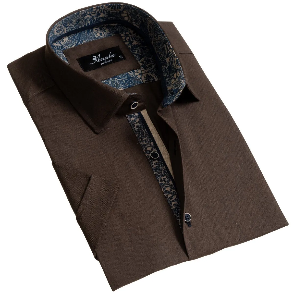 Brown Mens Short Sleeve Button up Shirts - Tailored Slim Fit Cotton Dress Shirts
