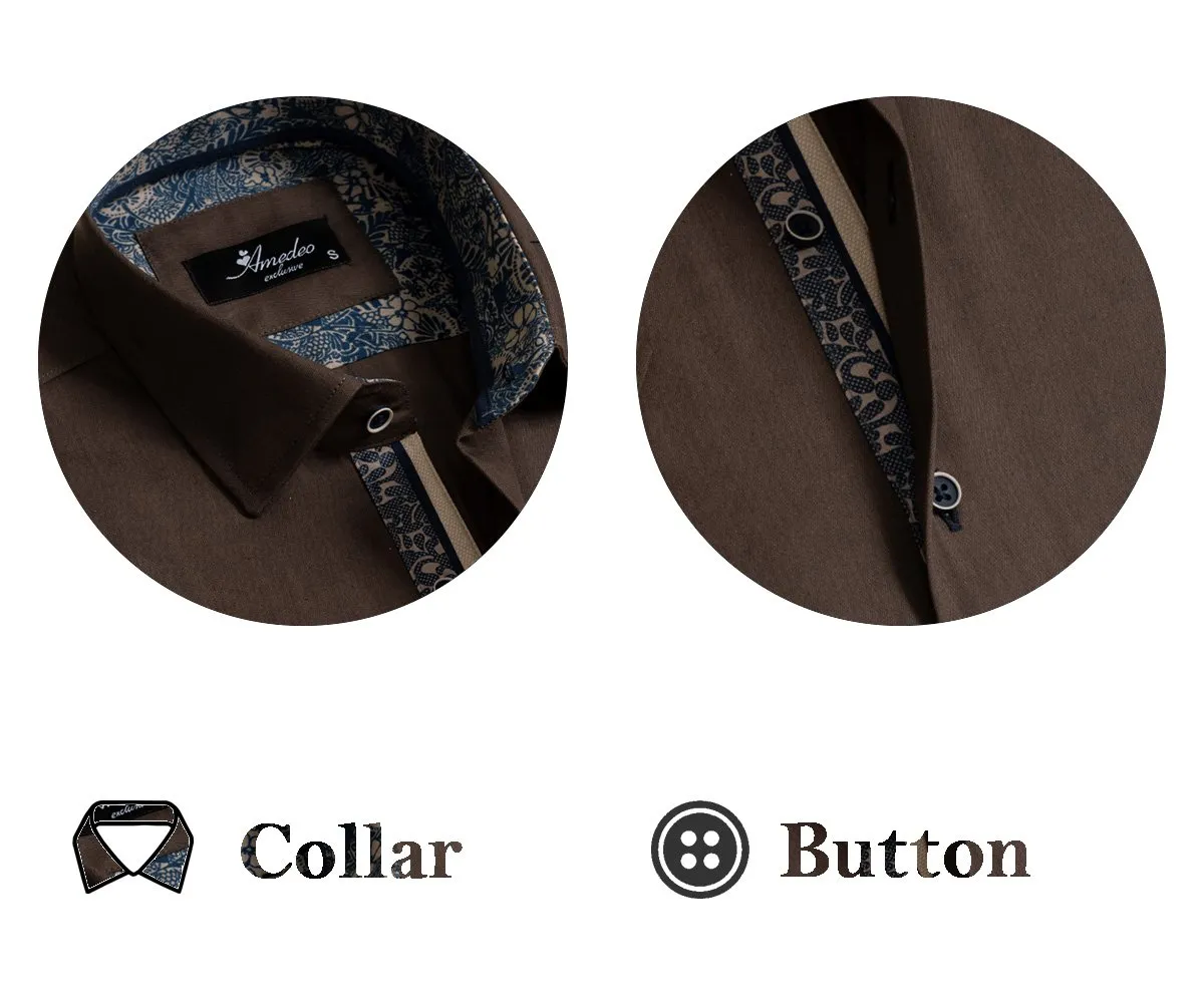 Brown Mens Short Sleeve Button up Shirts - Tailored Slim Fit Cotton Dress Shirts
