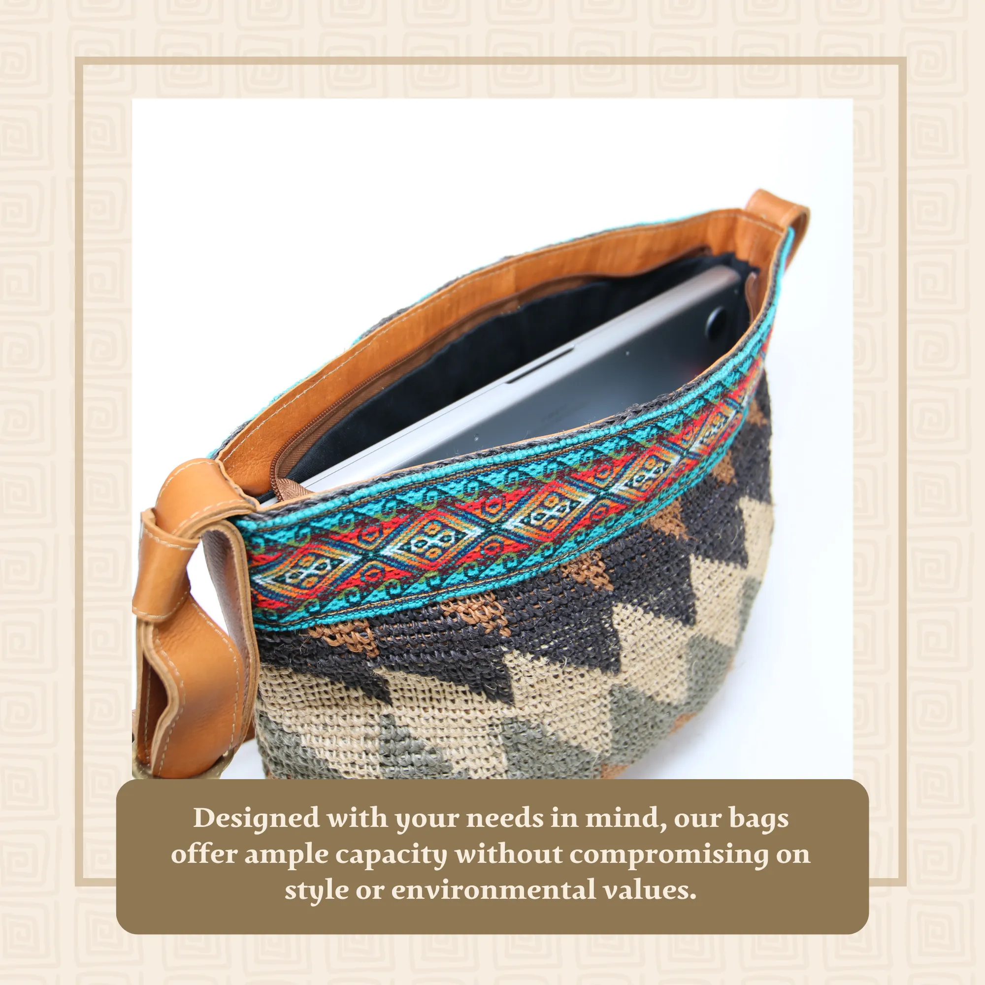 Cabuya Shigra Bag w/ Leather Strap & Andean Pattern Waves Design Red and Green Strap