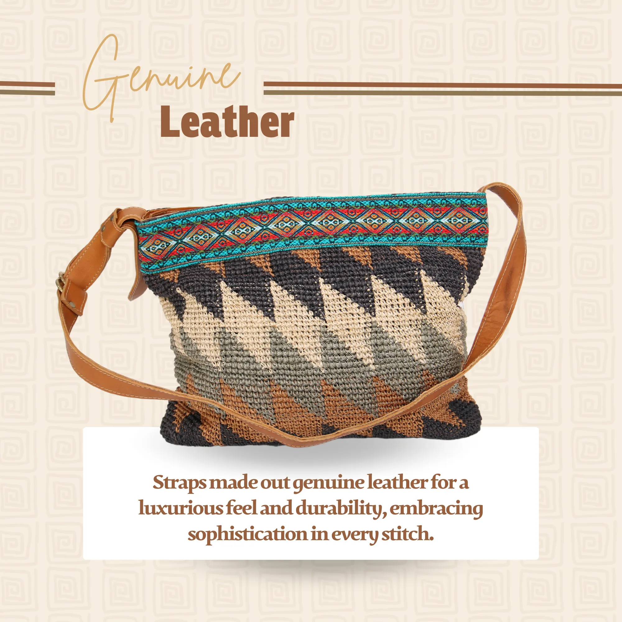 Cabuya Shigra Bag w/ Leather Strap & Andean Pattern Waves Design Red and Green Strap