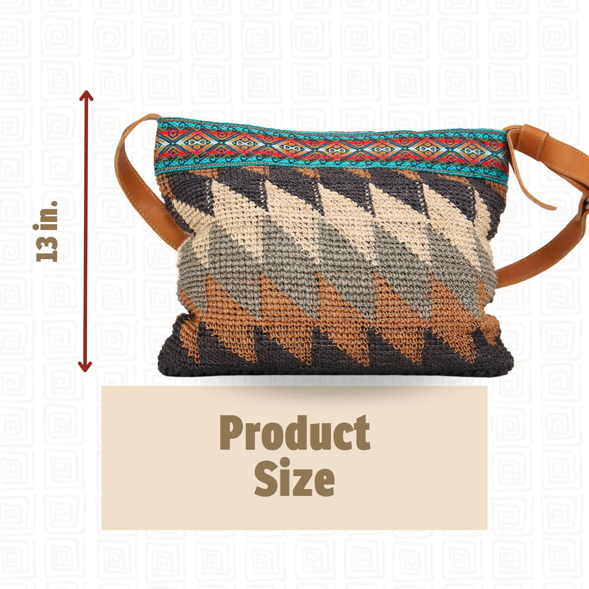 Cabuya Shigra Bag w/ Leather Strap & Andean Pattern Waves Design Red and Green Strap