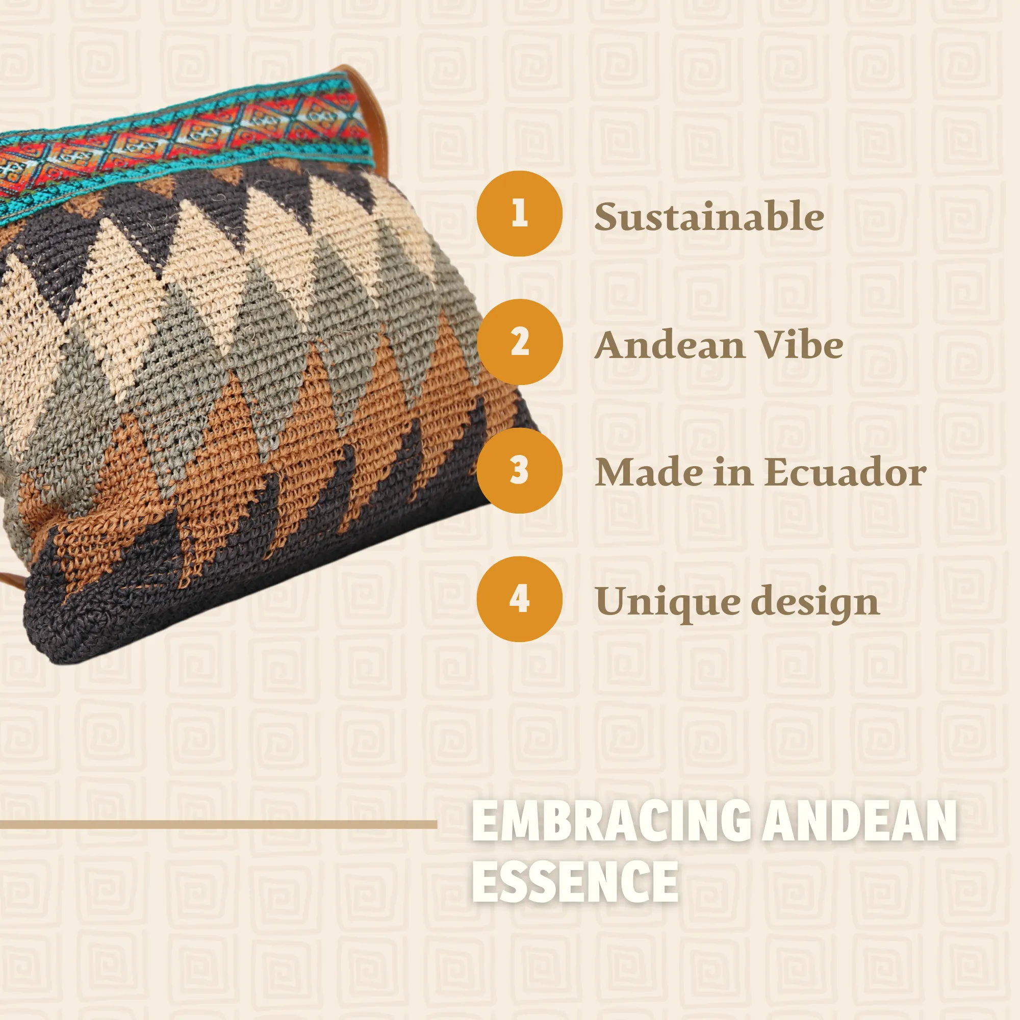 Cabuya Shigra Bag w/ Leather Strap & Andean Pattern Waves Design Red and Green Strap
