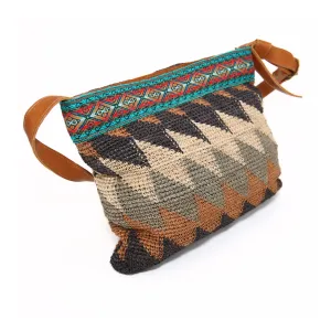 Cabuya Shigra Bag w/ Leather Strap & Andean Pattern Waves Design Red and Green Strap
