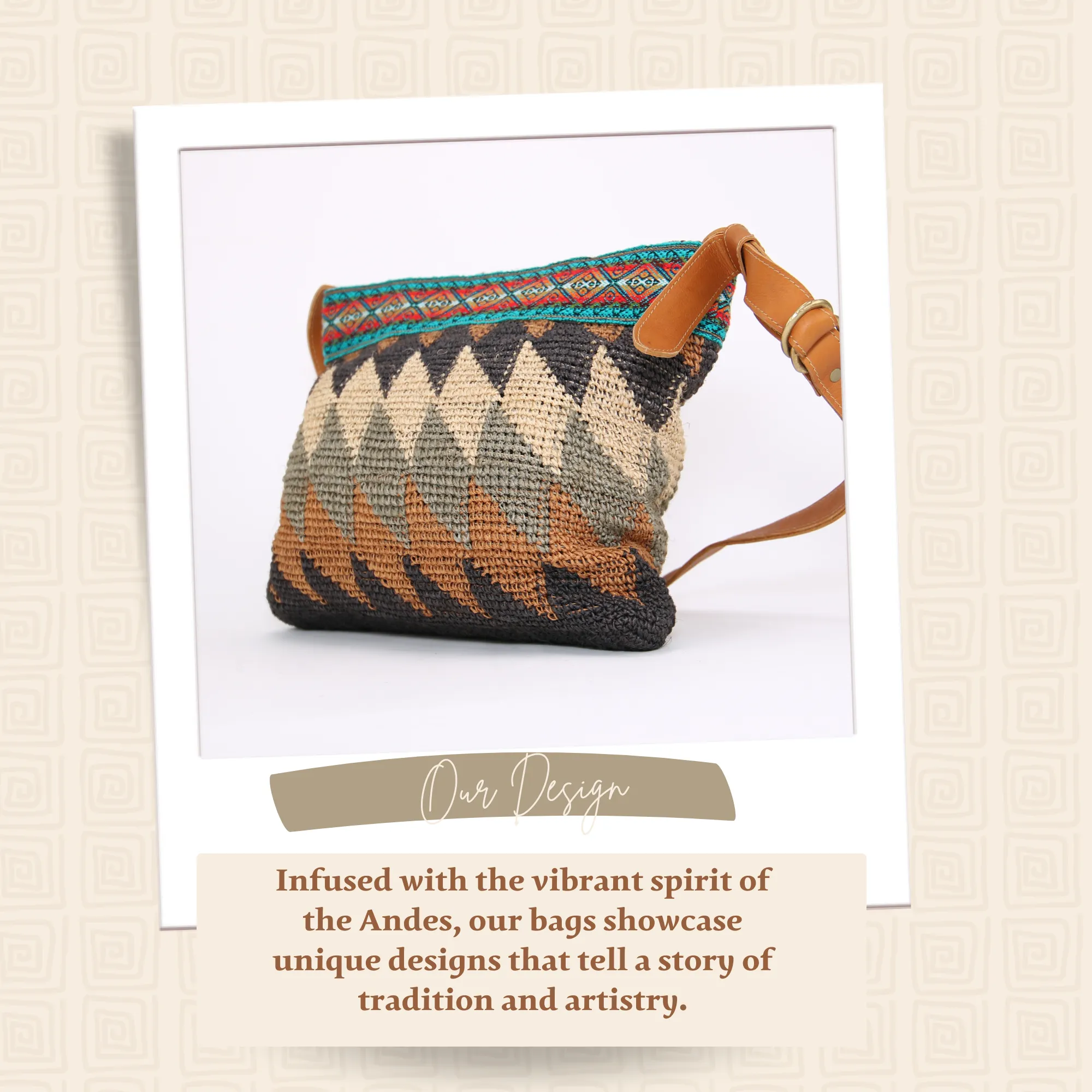 Cabuya Shigra Bag w/ Leather Strap & Andean Pattern Waves Design Red and Green Strap