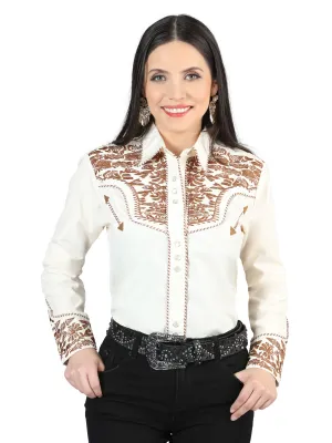 Camisa Vaquera Bordada Manga Larga Beige/Camello Oscuro para Mujer 'El General' - ID: 44345