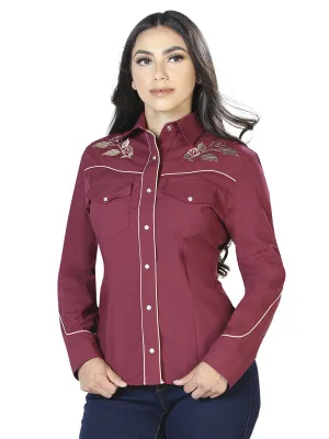 Camisa Vaquera Manga Larga Bordada Floral Vino para Mujer 'El General' - ID: 42971