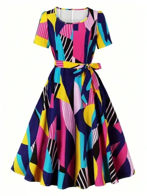 Clasi Women's Square Neck Geometric Print Fit-And-Flare Dress