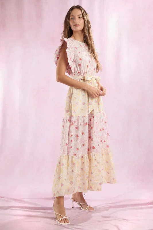Cotton Poplin Colorblock Floral Printed Maxi Dress
