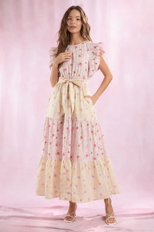 Cotton Poplin Colorblock Floral Printed Maxi Dress