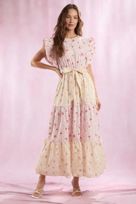 Cotton Poplin Colorblock Floral Printed Maxi Dress