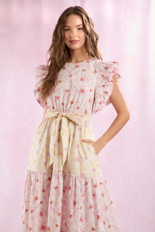 Cotton Poplin Colorblock Floral Printed Maxi Dress