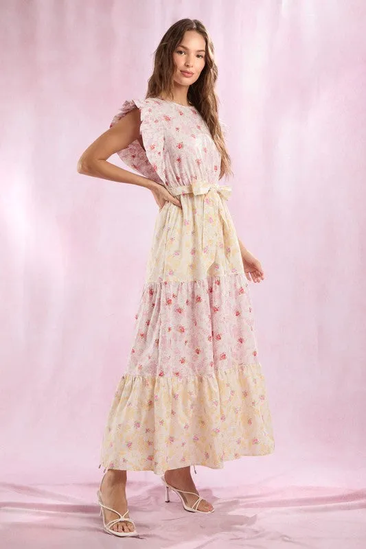 Cotton Poplin Colorblock Floral Printed Maxi Dress