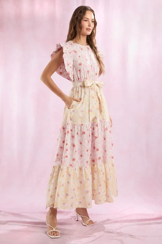 Cotton Poplin Colorblock Floral Printed Maxi Dress