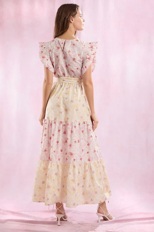 Cotton Poplin Colorblock Floral Printed Maxi Dress