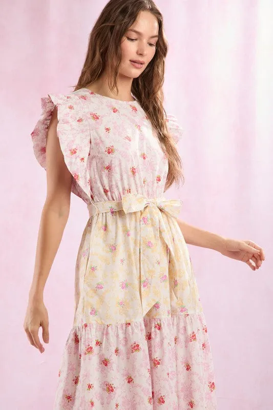 Cotton Poplin Colorblock Floral Printed Maxi Dress