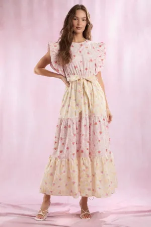 Cotton Poplin Colorblock Floral Printed Maxi Dress