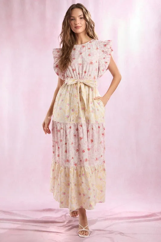 Cotton Poplin Colorblock Floral Printed Maxi Dress