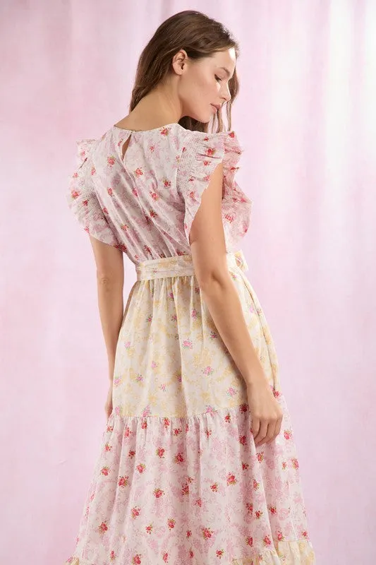 Cotton Poplin Colorblock Floral Printed Maxi Dress