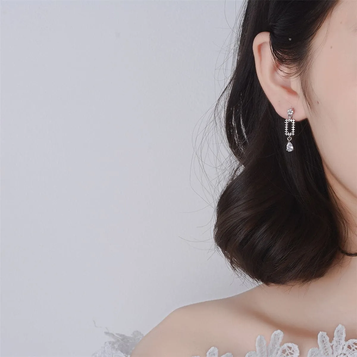 Cubic Zirconia & Crystal Silver-Plated Pear-Cut Geometric Drop Earrings
