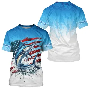 Custom Patriotic Marlin Fishing T-Shirts, American Flag Marlin Saltwater Fishing Shirt IPHW7952