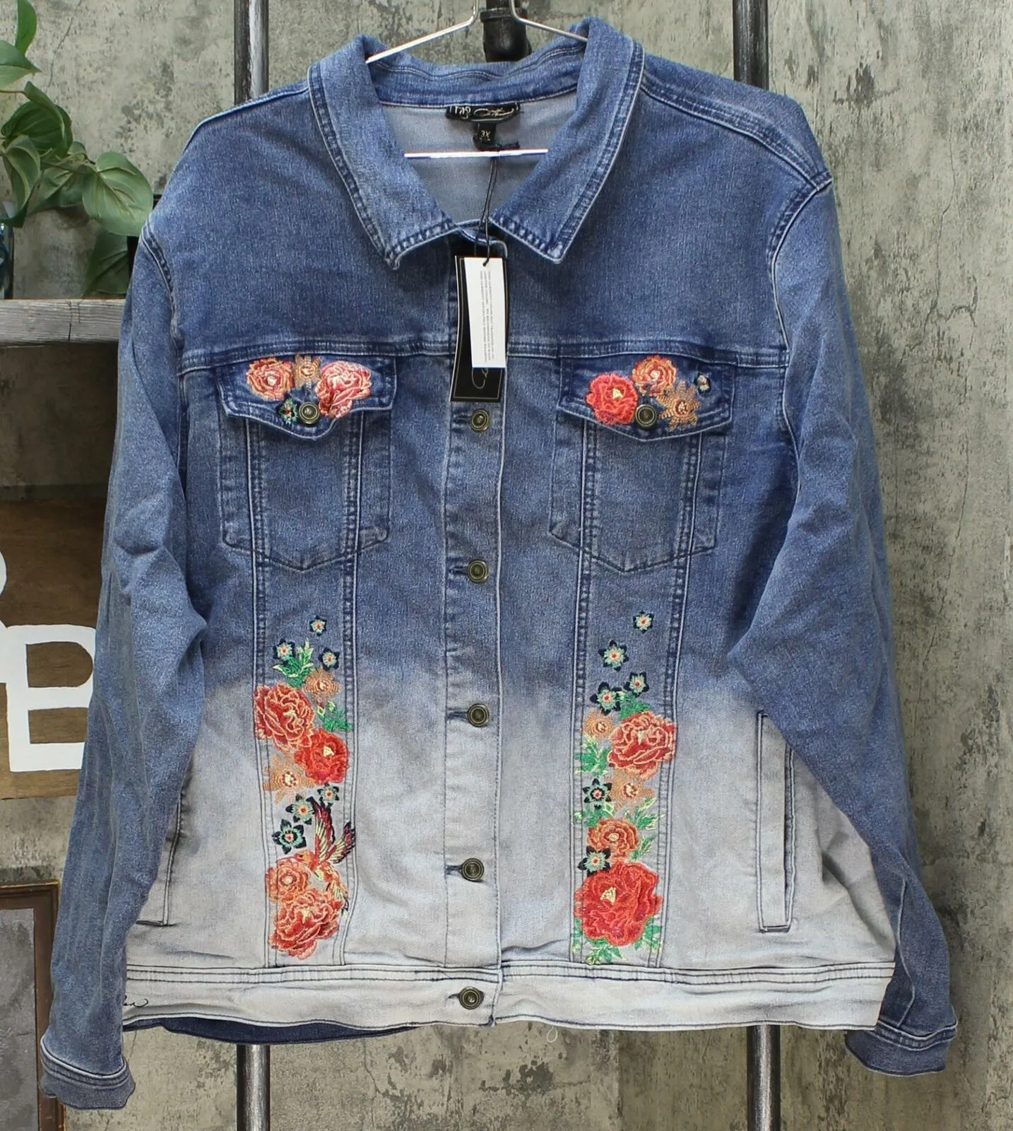 DG2 by Diane Gilman Women's Plus Size Embroidered Signature Denim Jacket