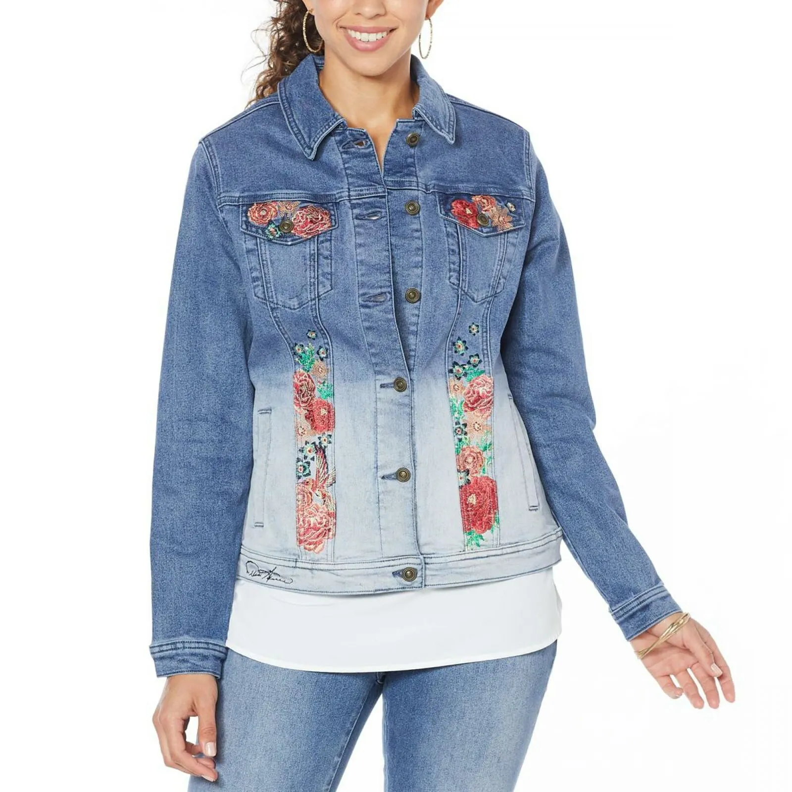 DG2 by Diane Gilman Women's Plus Size Embroidered Signature Denim Jacket