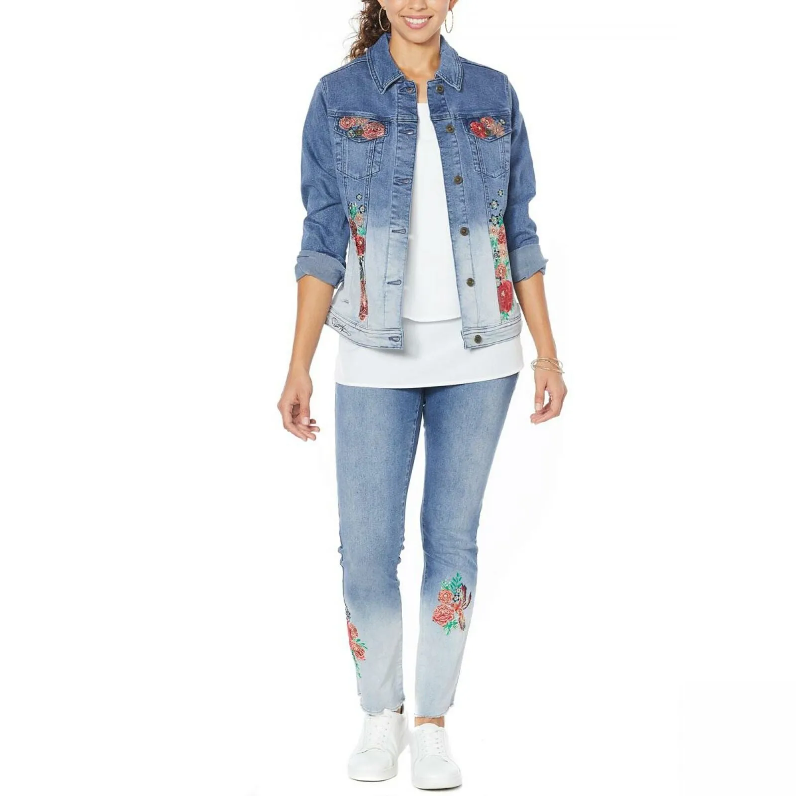 DG2 by Diane Gilman Women's Plus Size Embroidered Signature Denim Jacket