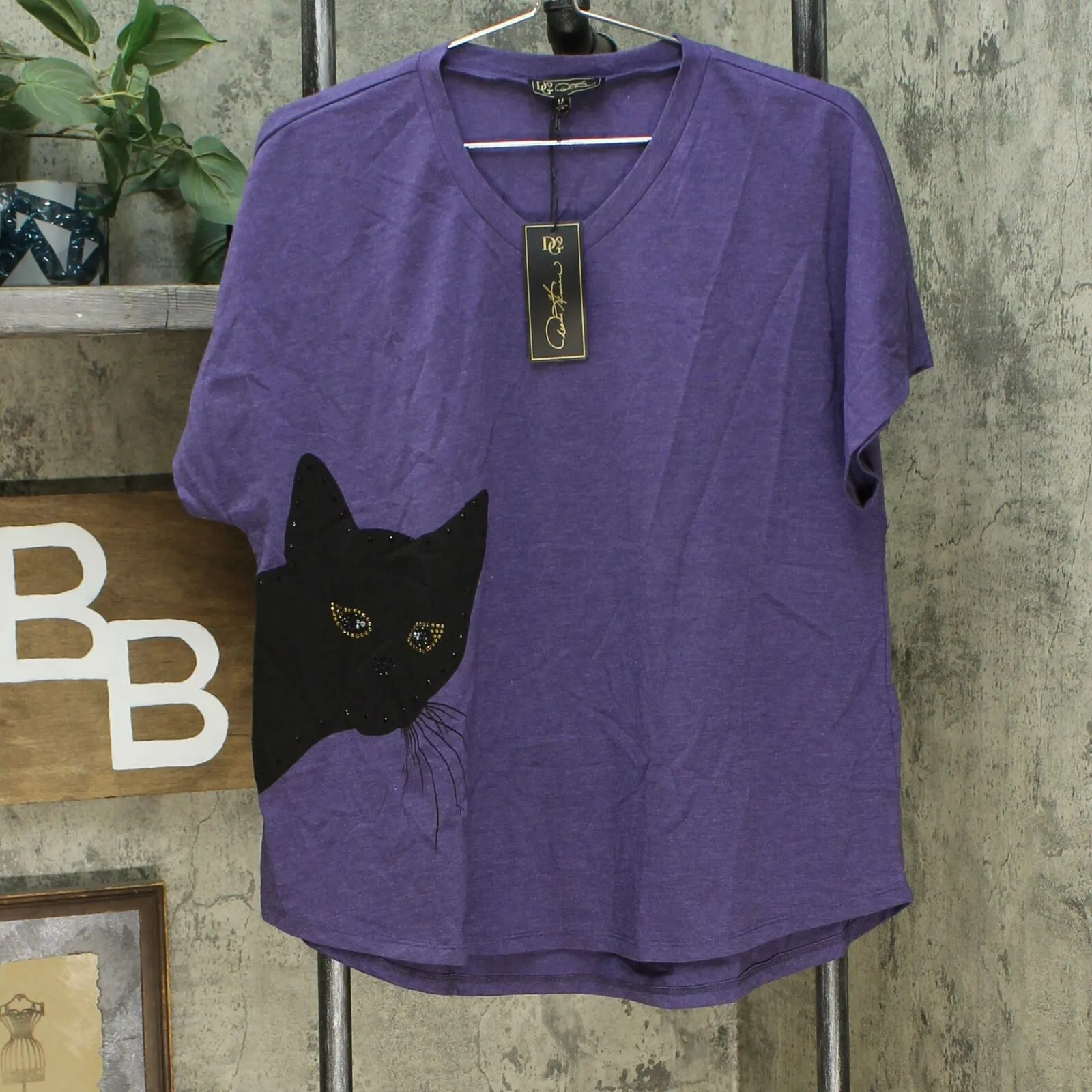 DG2 by Diane Gilman Women's Sequined Kitty Cat T-Shirt