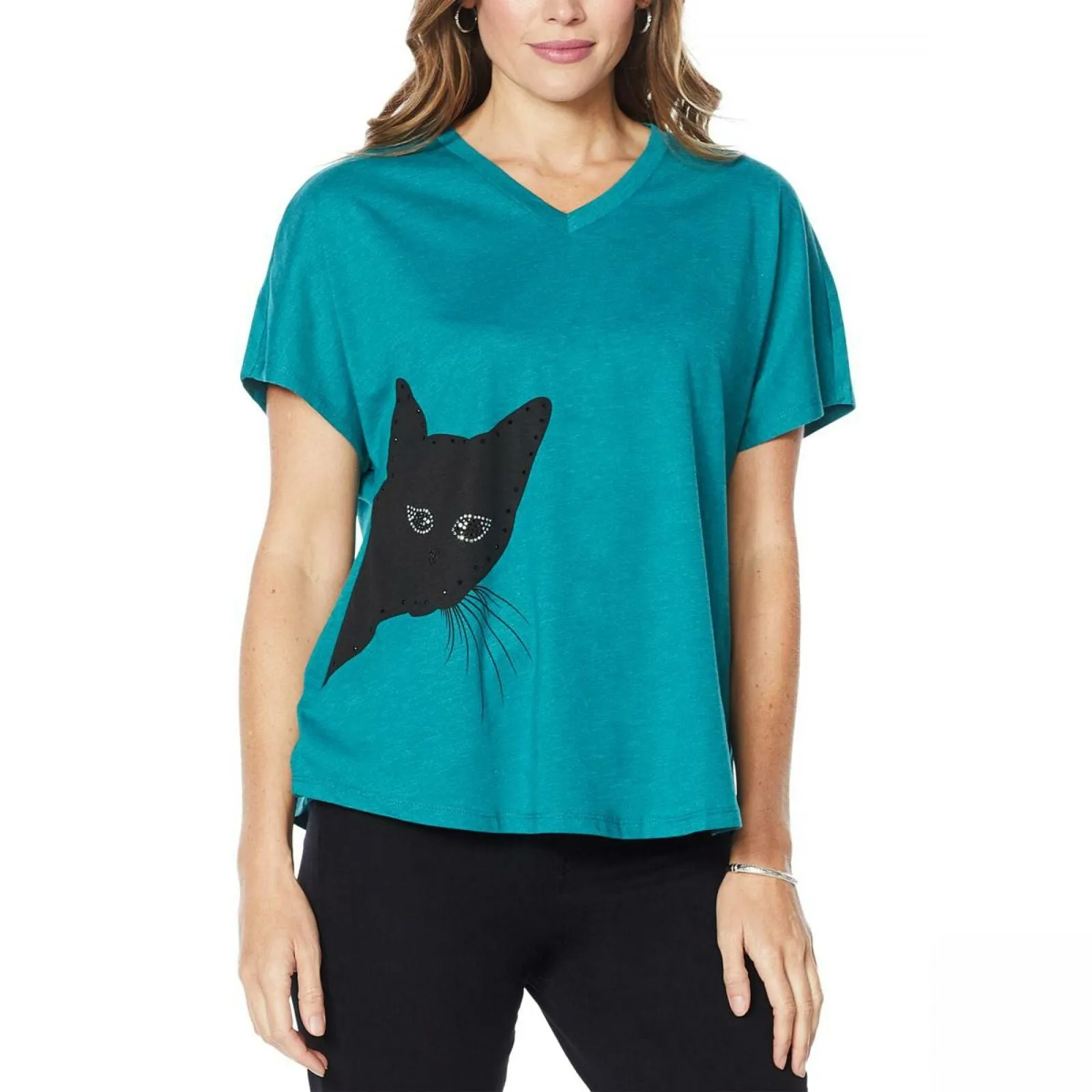 DG2 by Diane Gilman Women's Sequined Kitty Cat T-Shirt