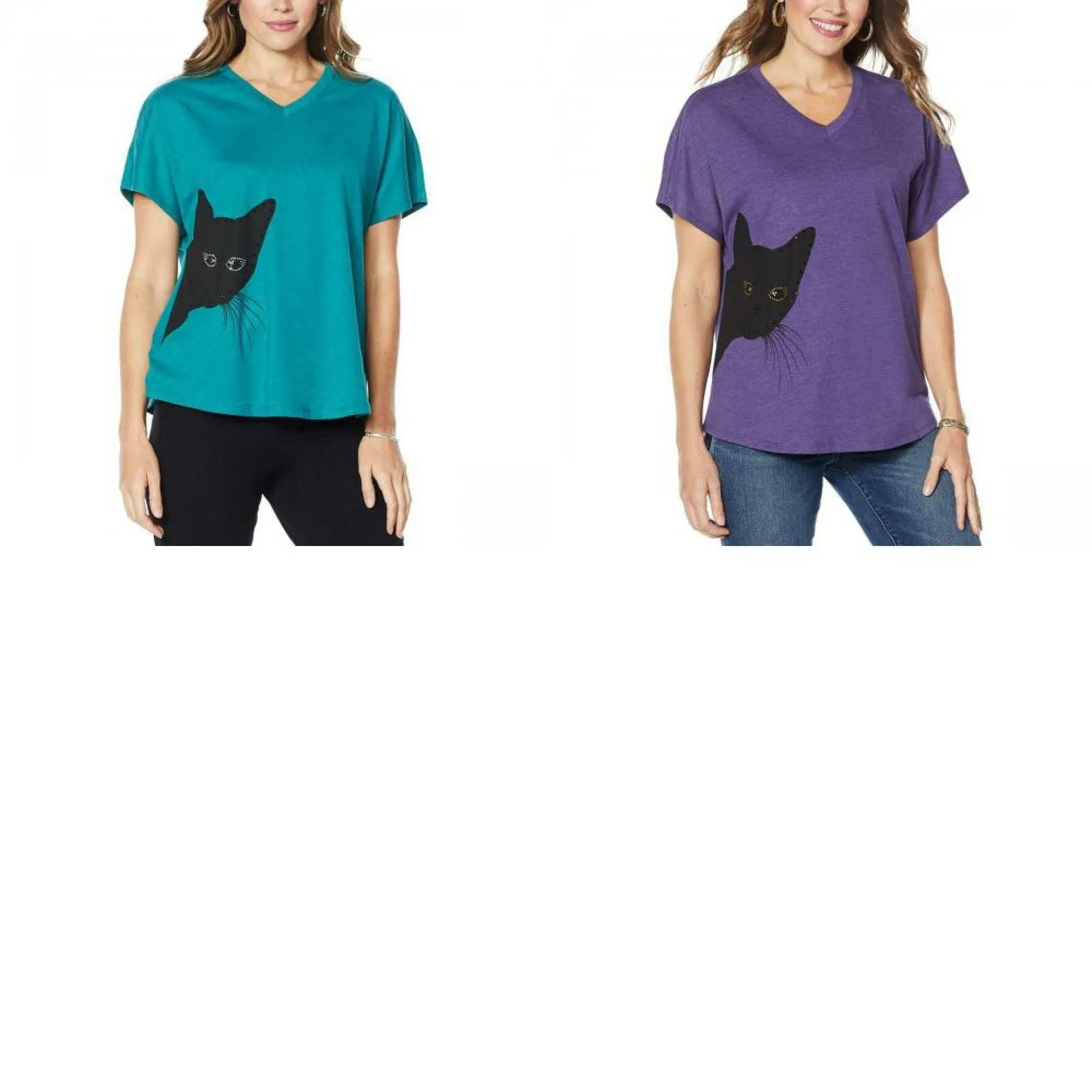 DG2 by Diane Gilman Women's Sequined Kitty Cat T-Shirt