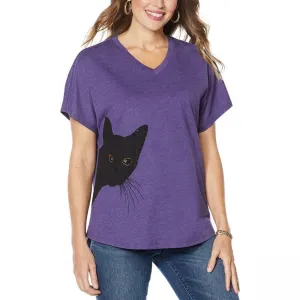 DG2 by Diane Gilman Women's Sequined Kitty Cat T-Shirt