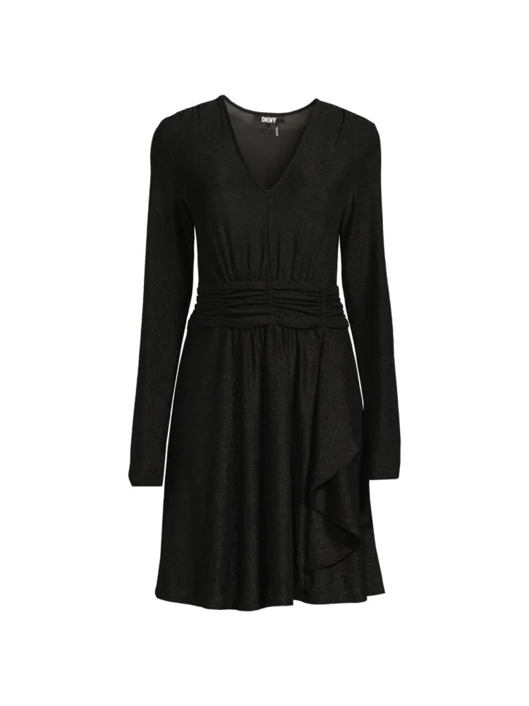 Dkny Sequined Knitted A-Line Dress in Black Silver