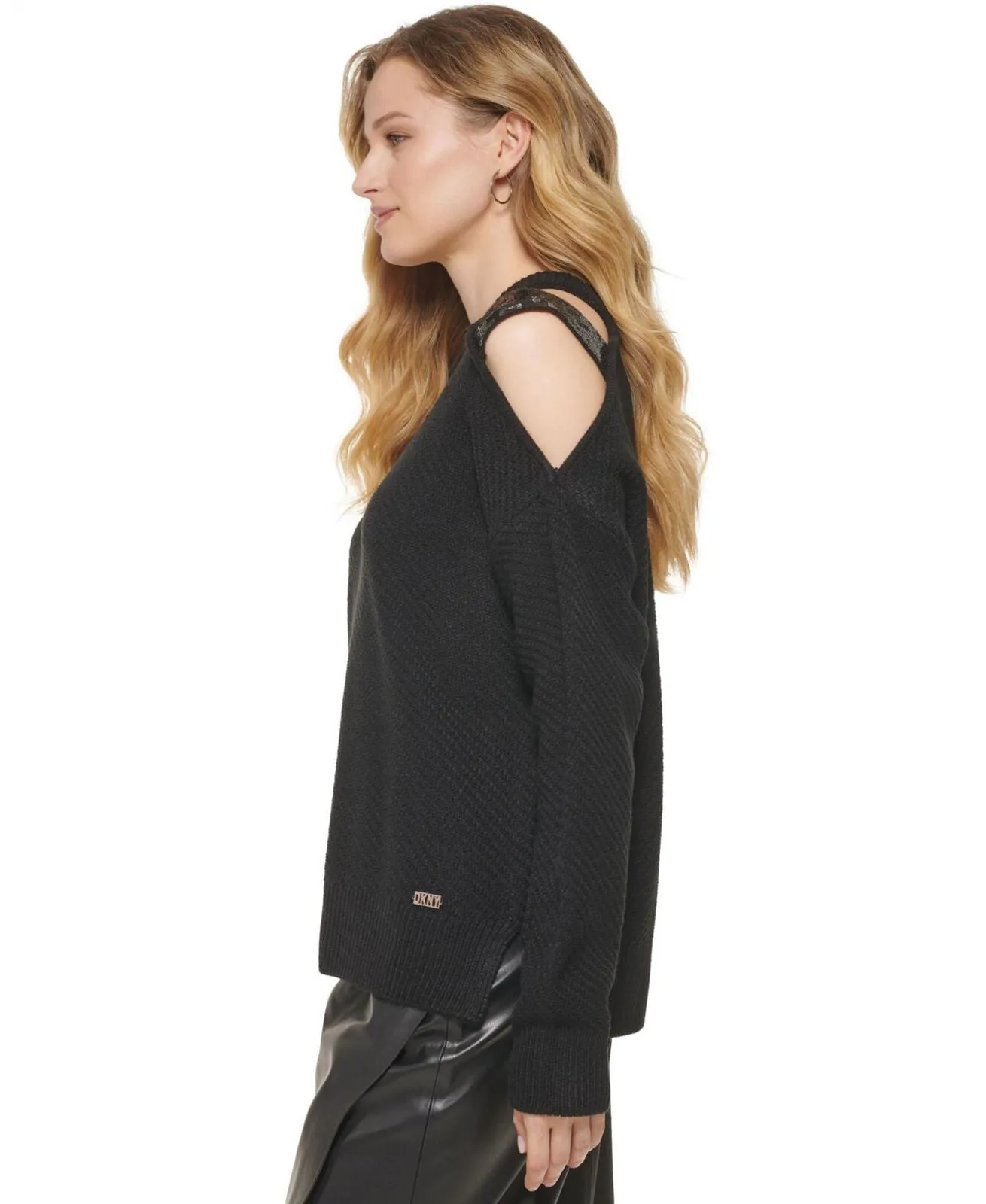 DKNY Women's Cut-Out-Shoulder Sequined-Strap Ribbed Sweater P2MSTAA9