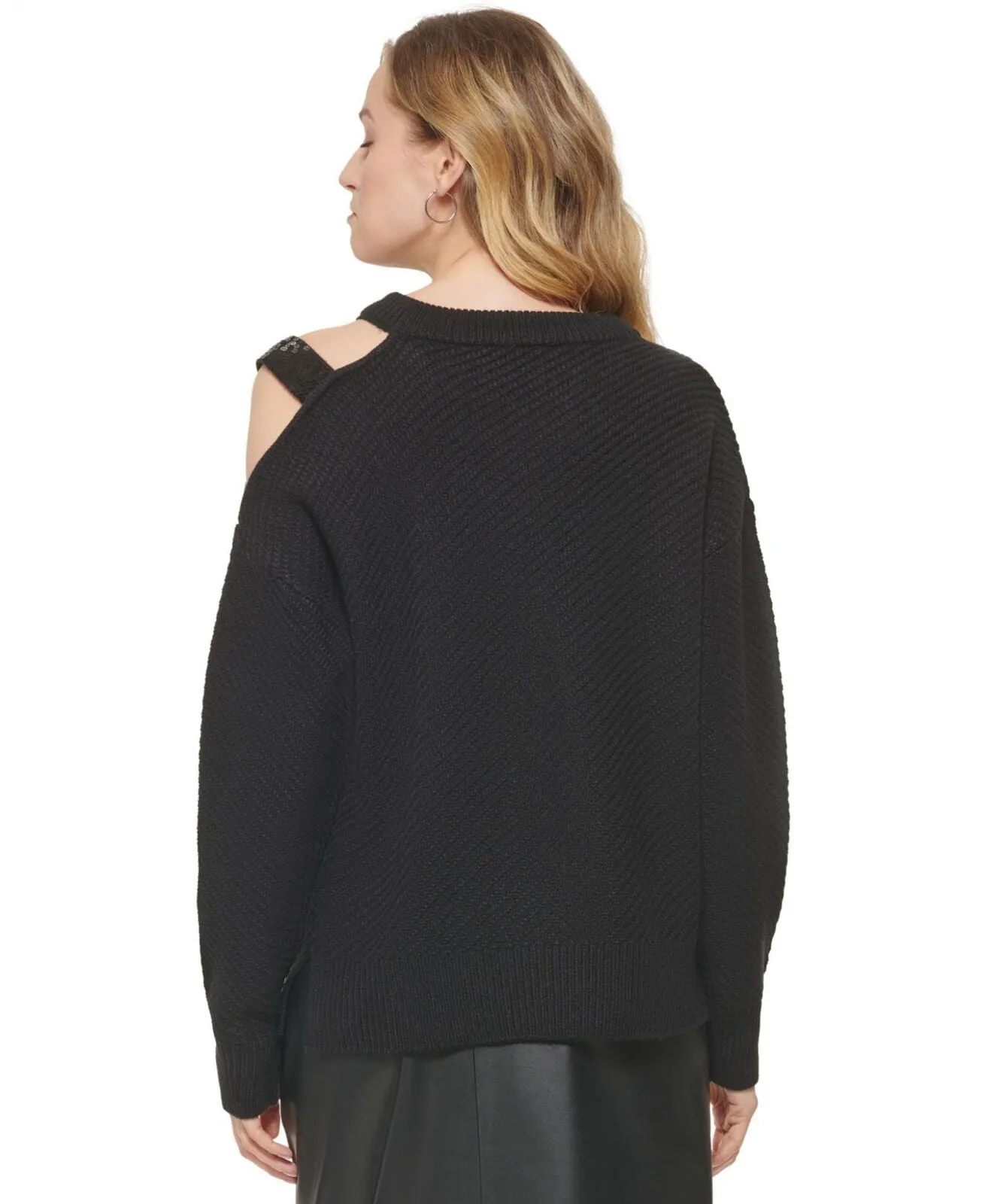 DKNY Women's Cut-Out-Shoulder Sequined-Strap Ribbed Sweater P2MSTAA9