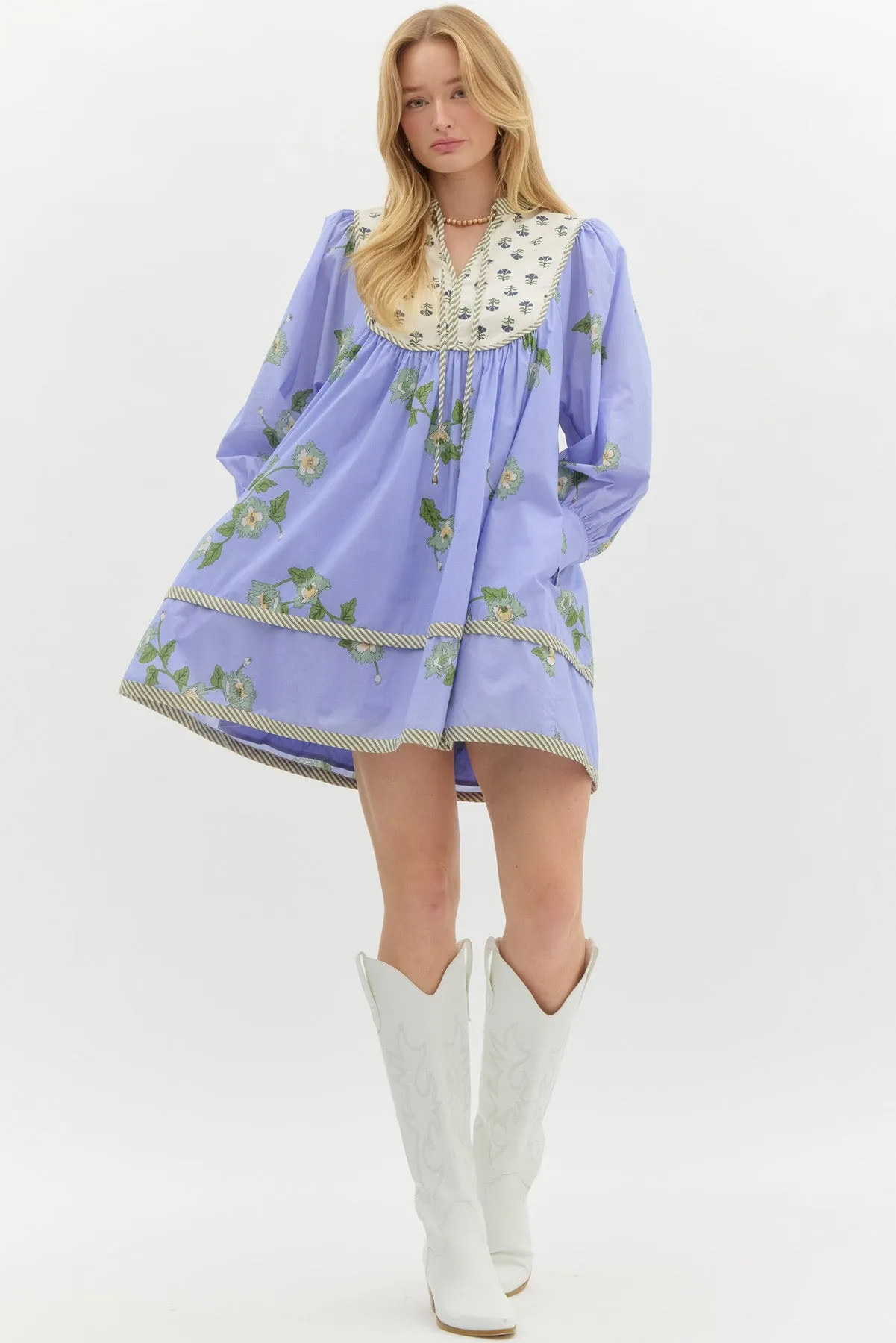 Dual Floral Printed Bubble Dress {Blue}