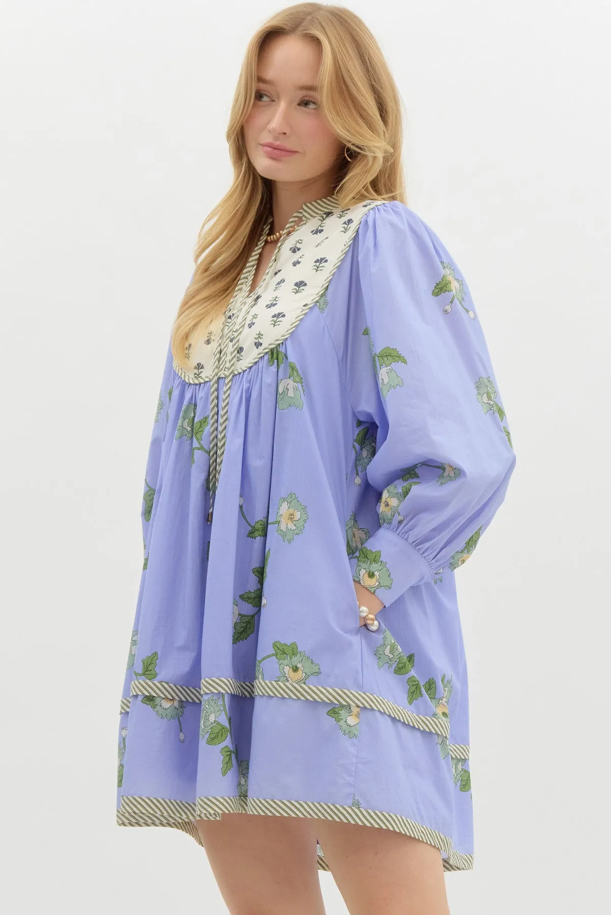 Dual Floral Printed Bubble Dress {Blue}