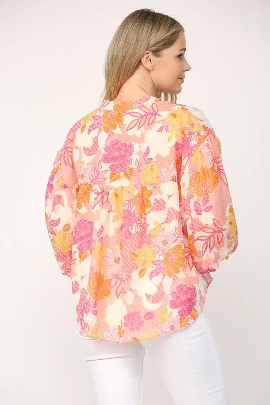 Floral Print 3/4 Ballon Sleeve Blouse