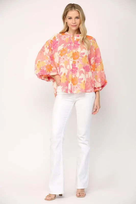 Floral Print 3/4 Ballon Sleeve Blouse
