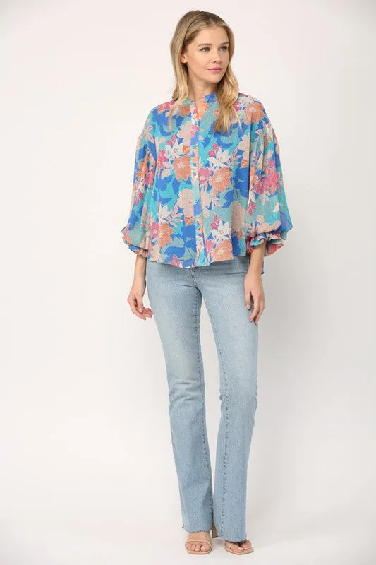 Floral Print 3/4 Ballon Sleeve Blouse