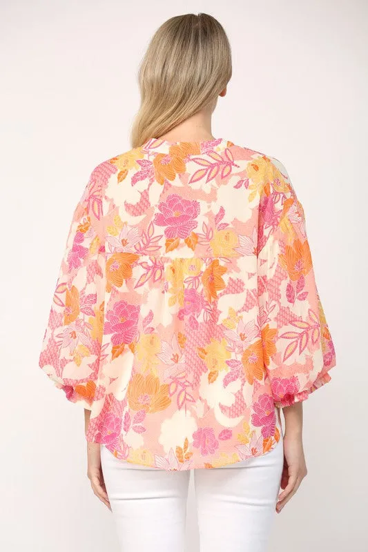 Floral Print 3/4 Ballon Sleeve Blouse