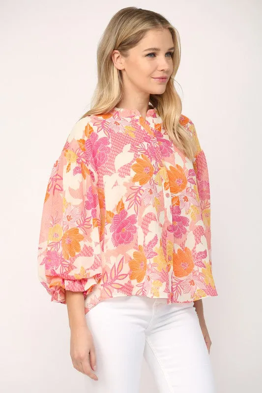 Floral Print 3/4 Ballon Sleeve Blouse