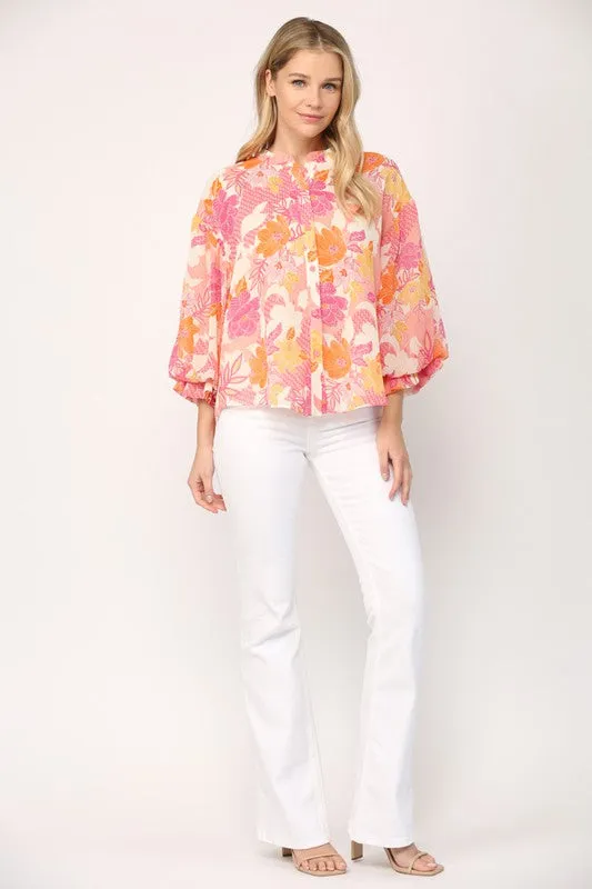 Floral Print 3/4 Ballon Sleeve Blouse