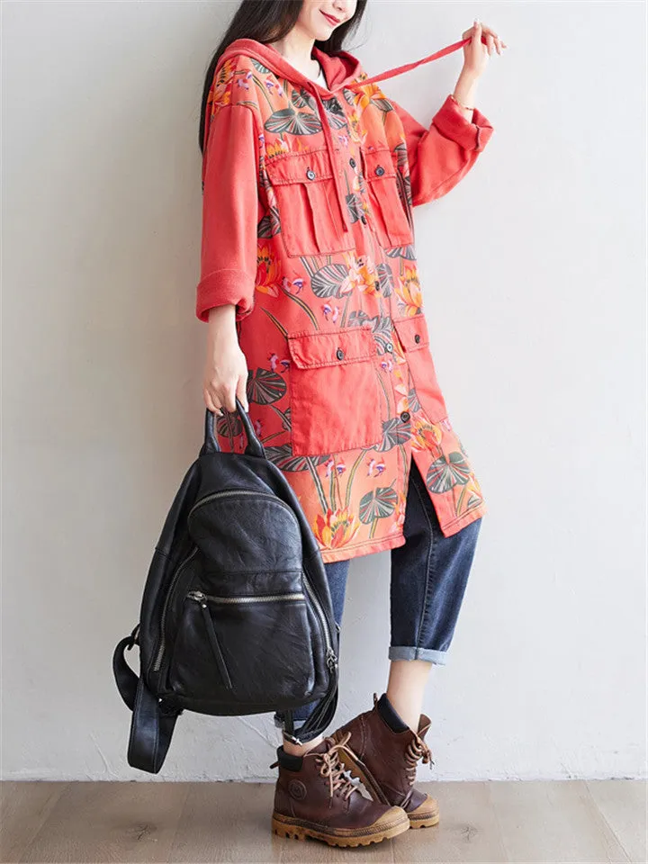 Floral Printed Hooded Jacket With Pockets