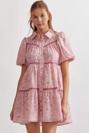 Floral Puff Sleeve Mini Dress {Pink}