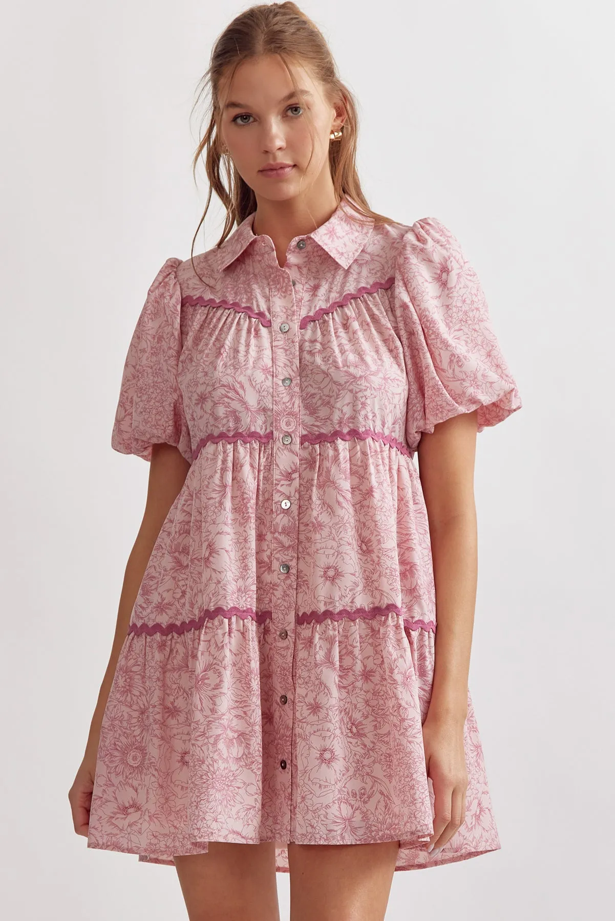 Floral Puff Sleeve Mini Dress {Pink}