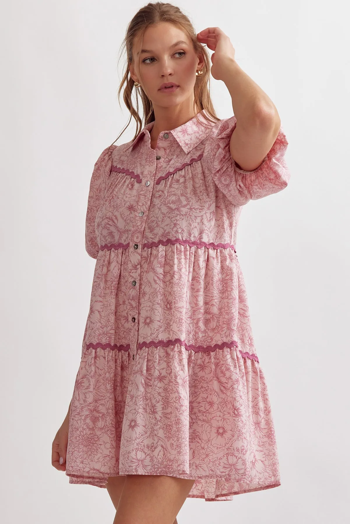 Floral Puff Sleeve Mini Dress {Pink}