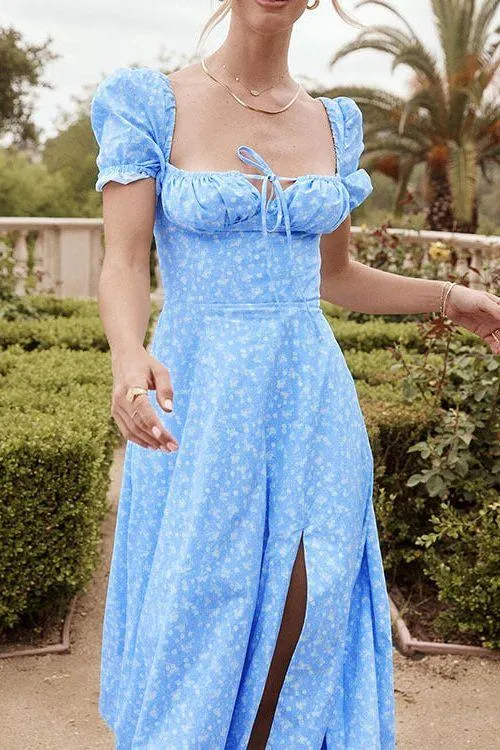 French Floral Printed Backless Long Dress
