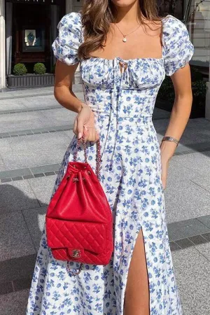 French Floral Printed Backless Long Dress