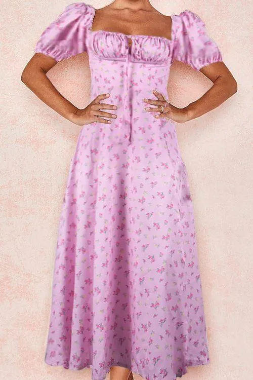 French Floral Printed Backless Long Dress