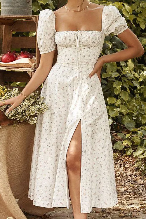 French Floral Printed Backless Long Dress